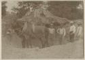 Men with mules in front of shell heap