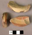 3 pottery handle fragments with paint blotches