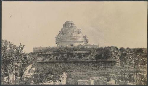 El Caracol, from south, showing base of lower platform under excavation