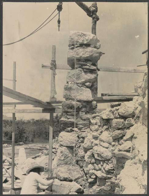 El Caracol, repair of southwest corner of lower platform