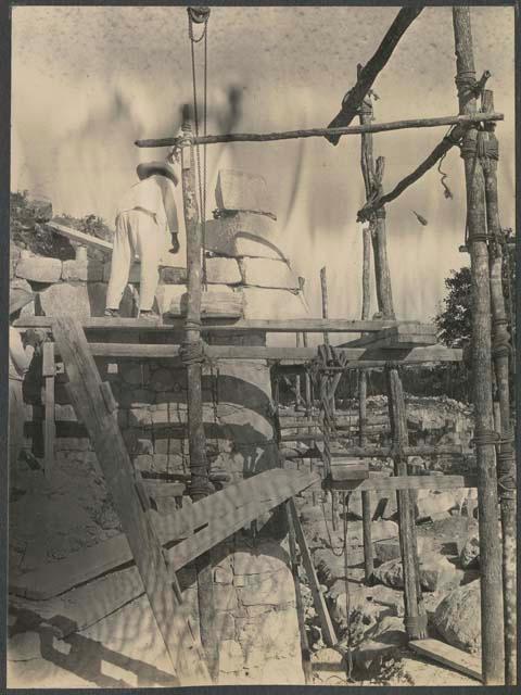 El Caracol, repair of southwest corner of lower platform during excavation