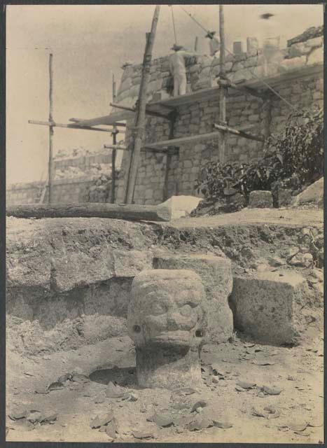 El Caracol, South Annex Bench House, stone head found on floor