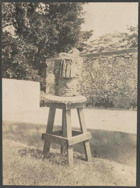 Coba, stucco head brought to Chichen by Thompson and Pollack, front view