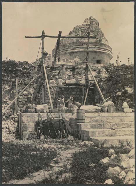 El Caracol, repair of lower platform cornice north of stairway