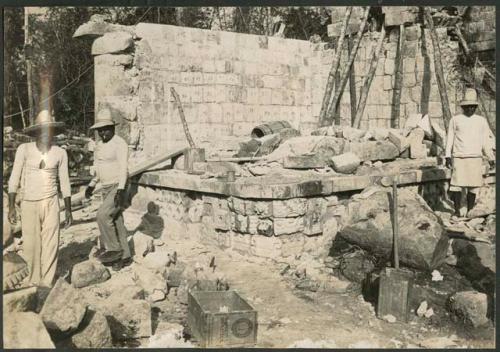 Temple of Three Lintels, northwest exterior corner under repair