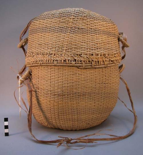 Closed weave basket with cover, double loop woven ring locks