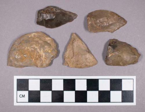 Chipped stone, uniface fragments with retouched edges and stemmed biface