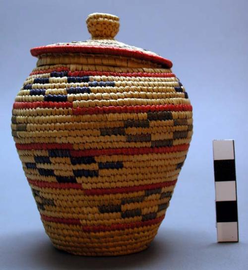 Coiled basket lid (B); geometric motif