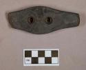 Ground stone, gorget, two perforations, fragmented at one end