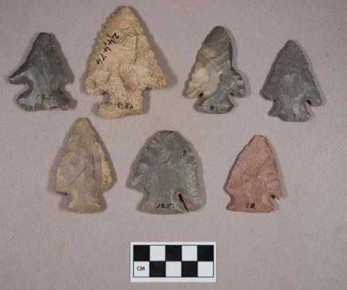 Chipped stone, projectile points, corner-notched, one serrated