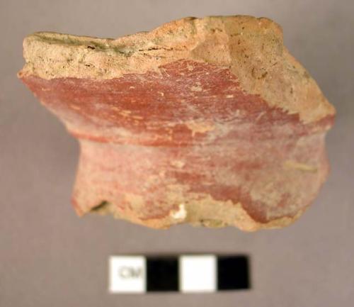 Rim potsherd; pottery base fragment - red burnished, white painted