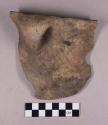 Ceramic, earthenware rim sherd, shell-tempered, incised scroll design, strap handle