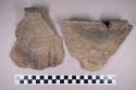 Ceramic, earthenware rim and body sherds, shell-tempered, incised scroll design