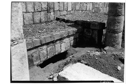 Floor depression under bench and early stairway at the Temple of Wall Panels