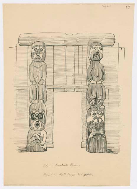 Illustration III, Posts in Kwakwaka’wakw room, from Frans Boas' report: "The Exhibits from the North Pacific Coast"