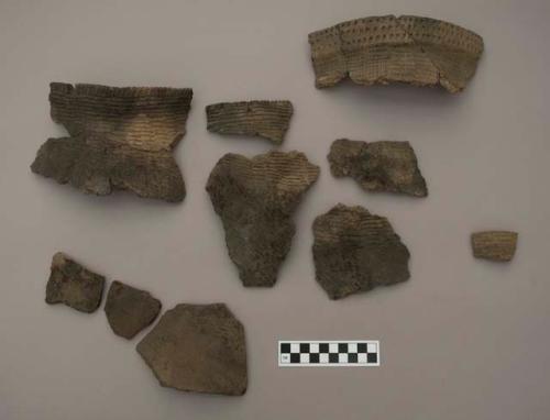 Ceramic, earthenware, body and rim sherds with impressed decoration, some sherds are mended