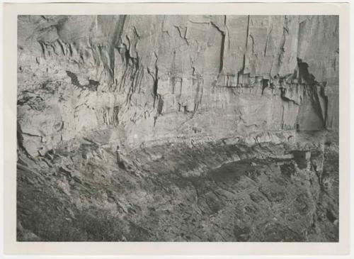 Researcher looking at pictographs on canyon wall near cliff dwelling