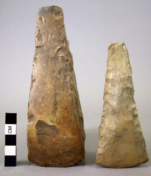 2 large bi face stone scrapers. 1) 4 1/2" long 2) 6 " long