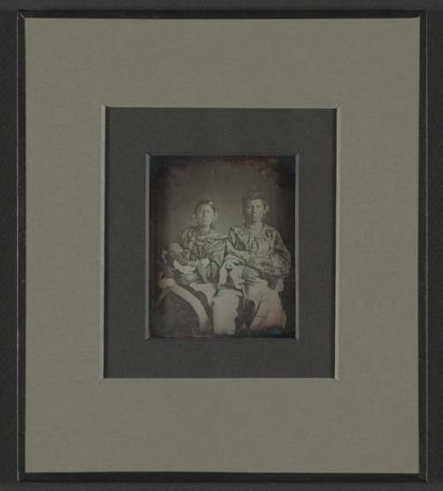Daguerreotype copy (reversal of original): Kun-zan-ya and husband, Mahee, the Knife, with baby, Iowa Native Americans