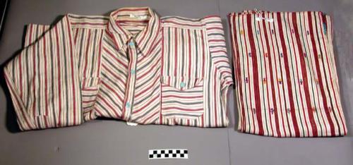 Man's shirt and pants; Man's shirt and trousers. White with red, green, and yell