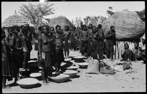 Group of people working with baskets of grain, with dogs next to them