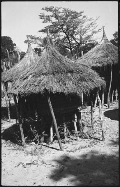 Storage basket, on poles, with thatched roof