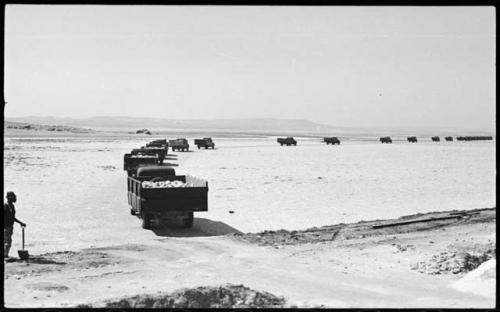 Man standing and holding a shovel, and trucks loaded with salt