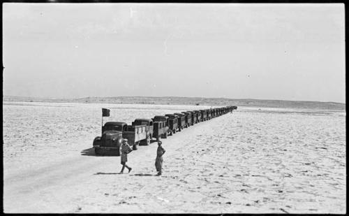 Person walking in front of trucks waiting to be loaded with salt