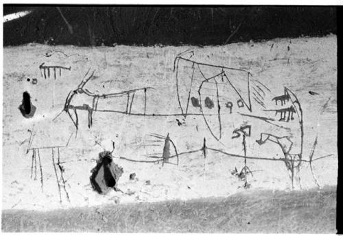 Drawings on a wall in an Okwa hut by local children