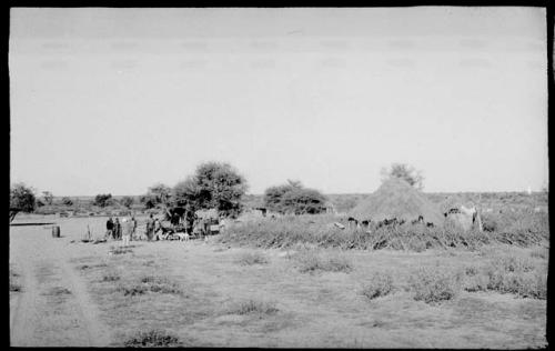 Group of people standing in Boys's kraal (clearing around huts) at Okwa