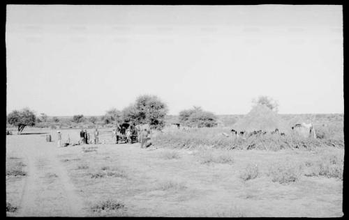 Group of people standing in Boys's kraal (clearing around huts) at Okwa