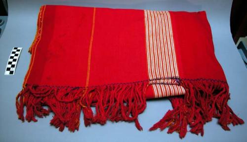 Tzute, 2 pieces. red with yellow and white stripes and some blue embroidery. 72