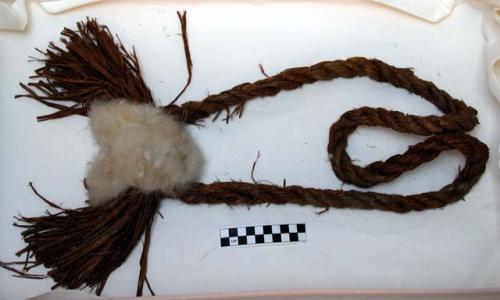 Sash; cedar bark necklace with fur