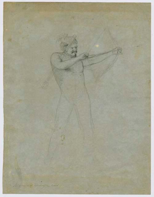 Pencil sketch of a man standing in the position of shooting an arrow