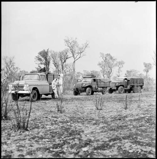 Expedition members wearing clothing and head coverings to protect against tsetse flies, and standing near line of trucks