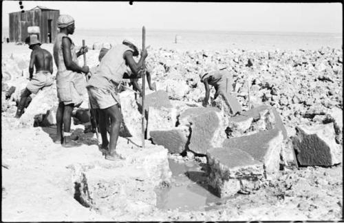 Men moving blocks of salt at Bitters Pan