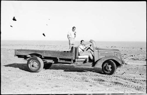 Two men in a truck at Bitters Pan