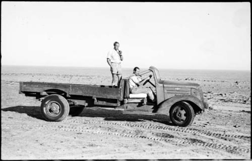 Two men in a truck at Bitters Pan