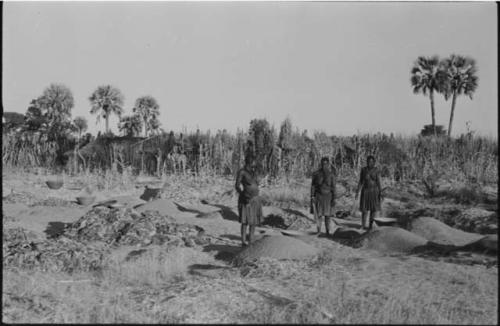 Three women standing next to piles of grain