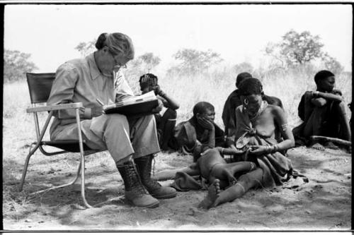 Lorna Marshall taking notes, !Ungka Norna lying in !U's lap, /Naoka ("Gao Medicine's" first wife) and other unidentified people in the background