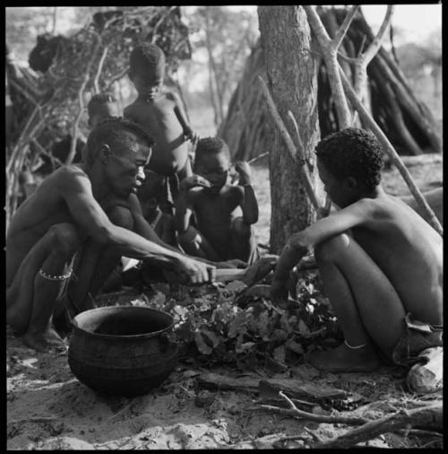 Kumsa cutting something next to a tree, children watching