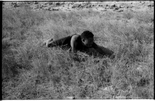 "Crooked /Qui" lying in grass, seen from the front