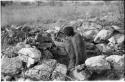 "Crooked /Qui" in shooting position in hunting blind built of stone, seen from behind