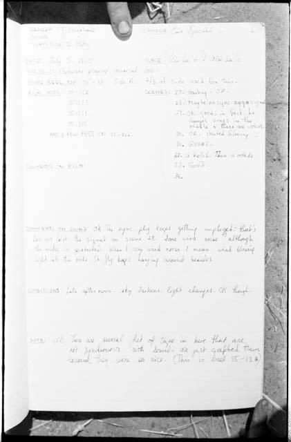 Filming logs, including camera person, sound recordist, clapstick operator, date, subject, place scenes, comments, sound reel number, film roll number,conditions, and data