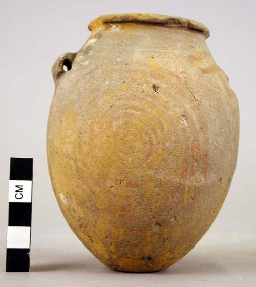 Jar, pottery, with carrying lugs, decorated with red paint spirals