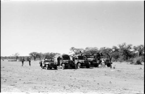 People sitting in and standing next to expedition trucks lined up