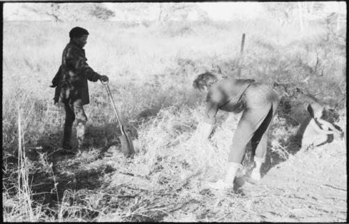 ≠Toma standing with a shovel, and Elizabeth Marshall Thomas bending over a bundle of grass, clearing the camp site