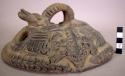 Ceramic lid? convex body with moulded, incised and applique zoomorphic designs