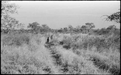 Children walking down a track the expedition trucks made in the grass