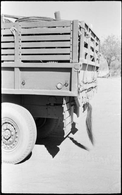 Wildebeest tail on the back of the expedition GMC